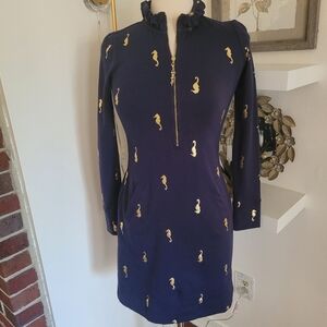 Lilly Pulitzer Half Zip Long Sleeve Pull Over Ruffle High Neck Stretch Dress XXS